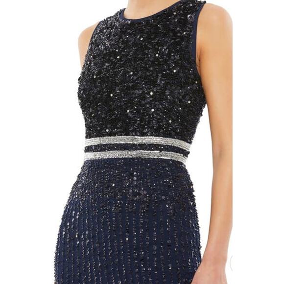 Mac Duggal NWT Size 8 10509 Blue Sleeveless High Neck Beaded Midi Sheath Dress - Picture 2 of 8